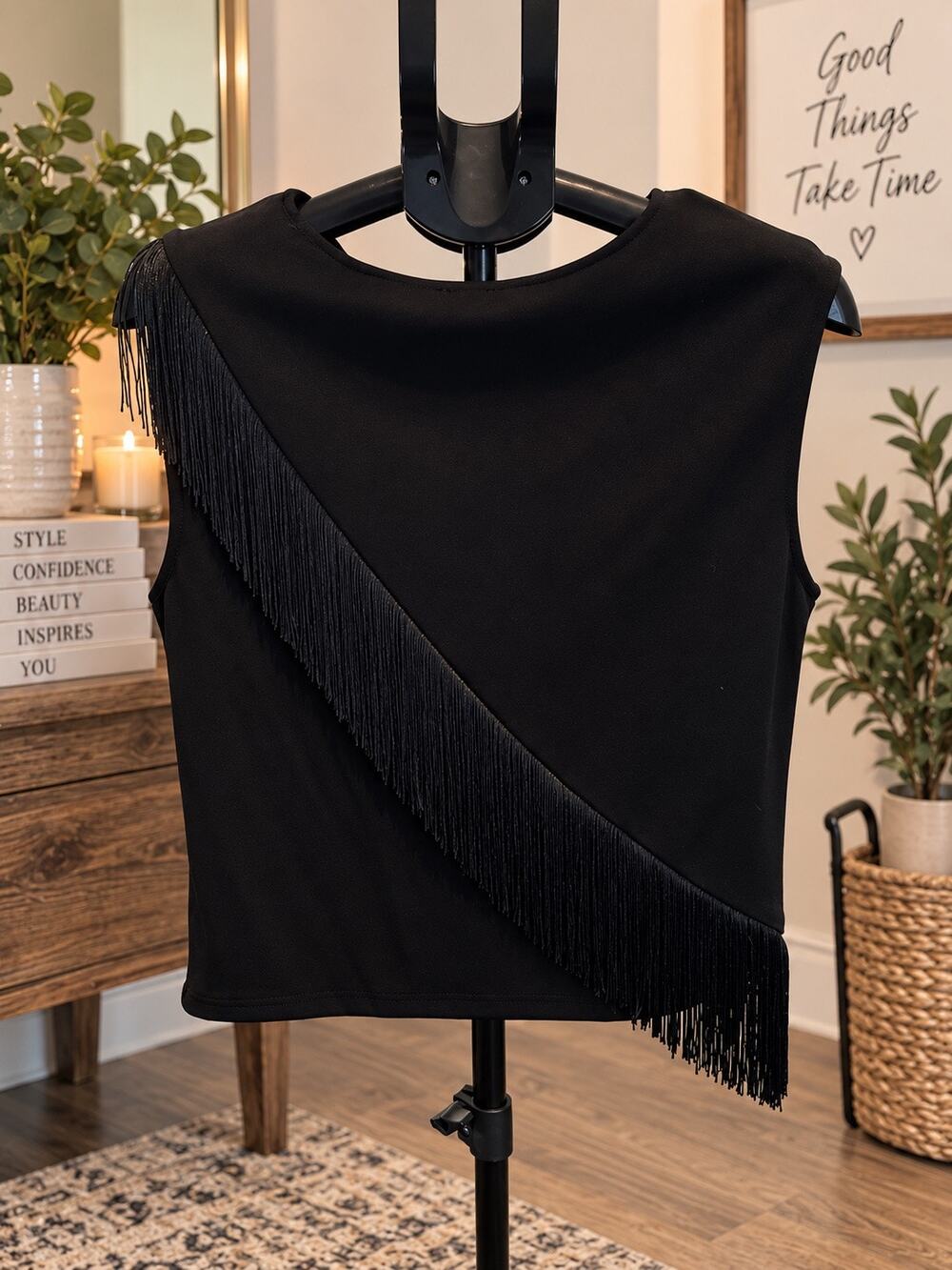 W5 Women’s Black Fringe Sleeveless Top Asymmetrical Western Boho L Festival